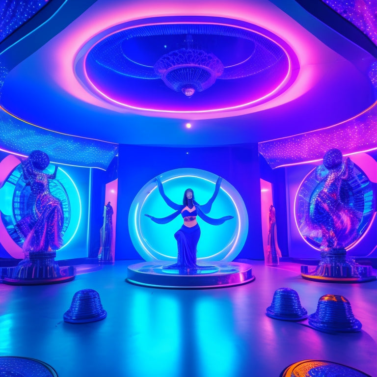 A futuristic dance studio with a virtual reality headset on a pedestal, surrounded by colorful, swirling lights and a holographic belly dancer in mid-pose, with a subtle gradient of purple and blue tones.