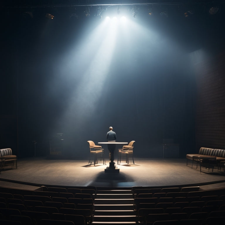 A dimly lit, empty theater stage with a single spotlight shining down on a young adult, standing confidently in the center, surrounded by scattered scripts and scripts-covered tables.