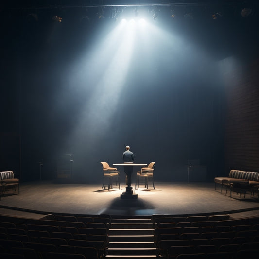 A dimly lit, empty theater stage with a single spotlight shining down on a young adult, standing confidently in the center, surrounded by scattered scripts and scripts-covered tables.
