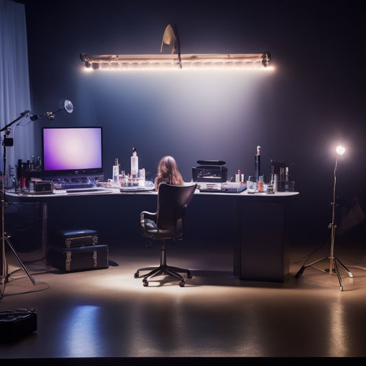 A glamorous, spotlight-lit makeup station with a vanity mirror, brushes, and products, surrounded by laptops, cameras, and smartphones, with a blurred-out dancer in the background, posing in front of a ring light.