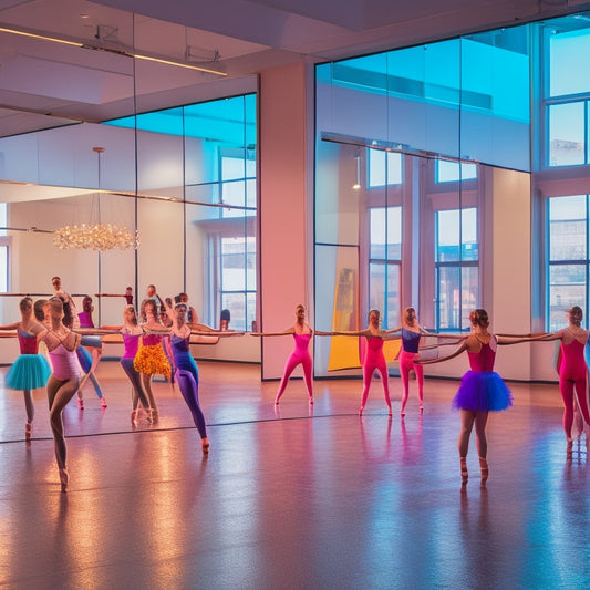 A bright, modern dance studio with mirrors, a wooden floor, and a ballet barre, filled with dancers of diverse ages and abilities, surrounded by spotlights and vibrant colors.