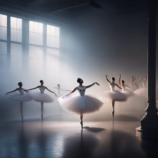 A dramatic, misty-lit dance studio with a lone ballerina in a flowing white tutu, arms outstretched, and one leg extended in a perfect arabesque, surrounded by faint, blurred silhouettes of fellow dancers.