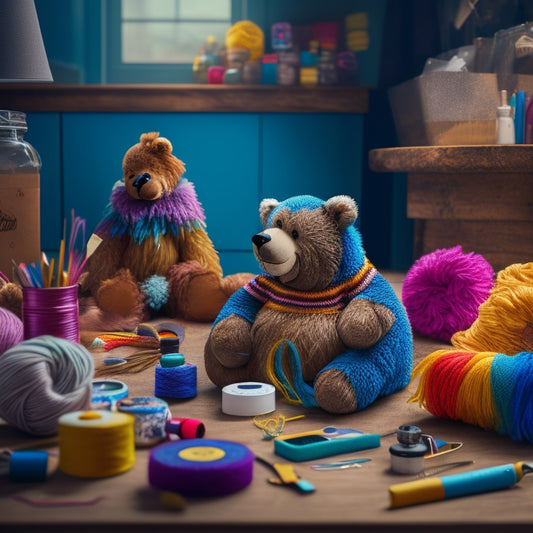 An illustration of a crafting workspace with a fuzzy bear toy, yarn, scissors, and a needle, surrounded by colorful threads and fluffy materials, with a half-finished bear in the center.