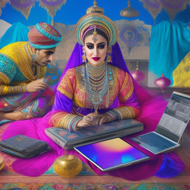 A colorful illustration of a woman in a vibrant, flowing Turkish dance costume, surrounded by laptops and tablets, with a subtle Turkish patterned background and a few musical notes floating around her.