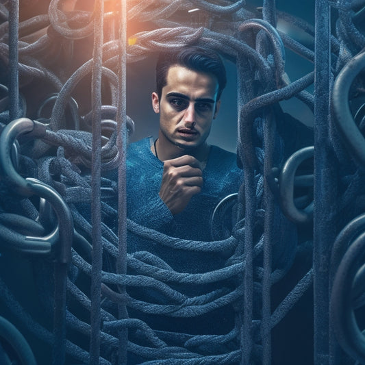 A surreal illustration of a person trapped in a maze of Instagram screens, with likes and followers stats swirling around them, surrounded by chains and locks, with a subtle hint of a broken key in the background.