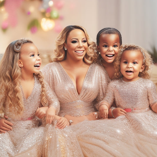 Mariah Carey, dressed in a glamorous outfit, poses in the center of a bright, sparkling background, surrounded by her adorable twins, Moroccan and Monroe, all smiling and laughing together.