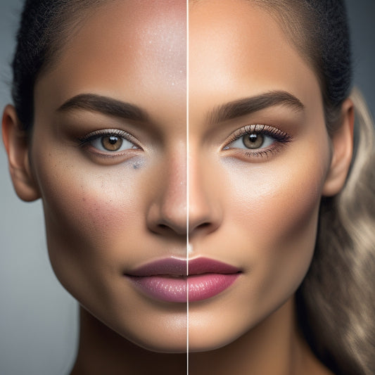 A split-faced portrait of a performer, with one side featuring a flawless, radiant complexion and the other side showcasing a botched, cakey, and uneven makeup application, with smudges and streaks.