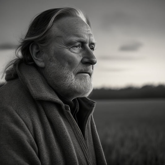 A somber, black-and-white portrait of Dave Myers, with a subtle, faded background of a UK countryside, and a faint, golden light outline surrounding his face, conveying a sense of nostalgia.