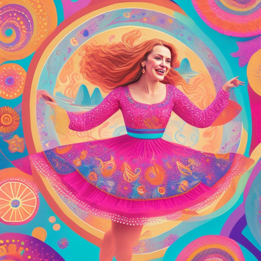 A whimsical illustration featuring Emma Jewell surrounded by vibrant, swirling dance-inspired shapes and colors, with SVG patterns and designs dancing around her in a joyful, creative atmosphere.