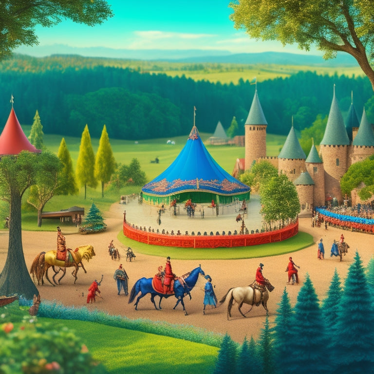 A whimsical illustration of a medieval-inspired forest, with a Renaissance-era village in the background, featuring a jousting arena, colorful tents, and people in period costumes.