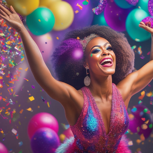 A vibrant illustration of a dancer in a colorful outfit, surrounded by confetti and balloons, with disco balls and spotlights in the background, striking a pose in a lively dance move.