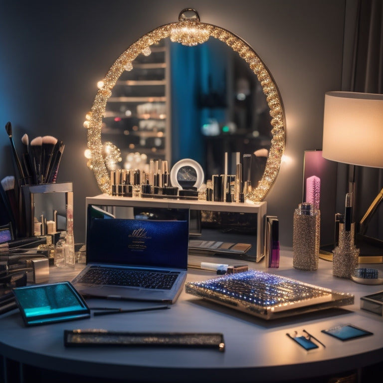 A cluttered, well-lit vanity with an assortment of makeup brushes, palettes, and products, surrounded by mirrors, ring lights, and a laptop with a screen displaying a dance-themed makeup tutorial.