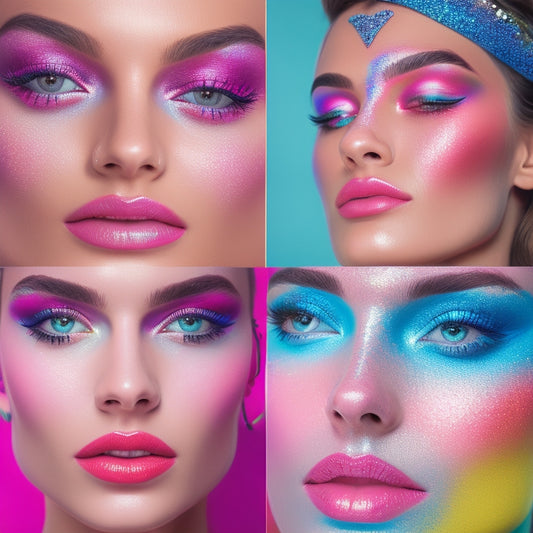 A vibrant, pastel-colored illustration of a young woman's face, split into three sections, each showcasing a different stage of dance-inspired makeup transformation, with glittery eyeshadows and bold lip colors.