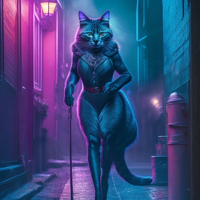 A haunting, dimly-lit illustration of Omaha, a sultry anthropomorphic cat, standing in a smoky, neon-lit alleyway, surrounded by torn fishnet stockings and scattered comic book pages.