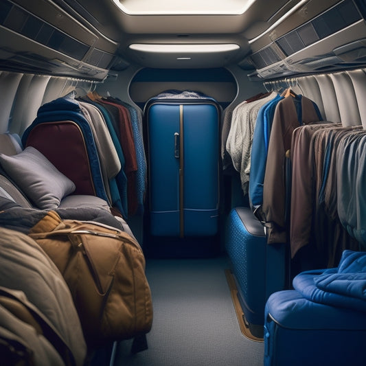 A photograph of a cramped airliner cabin with a few garment bags strewn about, some hanging from overhead compartments, others stuffed under seats or in tiny closets.