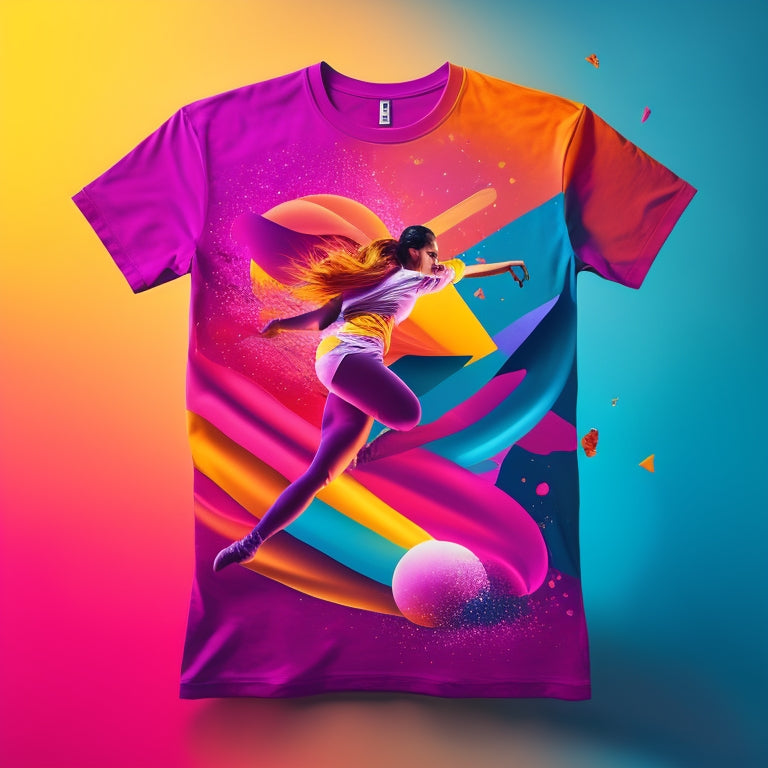 A vibrant, colorful illustration of various dance-inspired t-shirt designs scattered across a trendy, minimalist background, with bold graphics and abstract shapes.