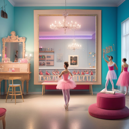 A whimsical illustration of a dance studio with a teacher standing in front of a mirror, surrounded by ballet bars, dance shoes, and music notes, with a personalized certificate on an easel.