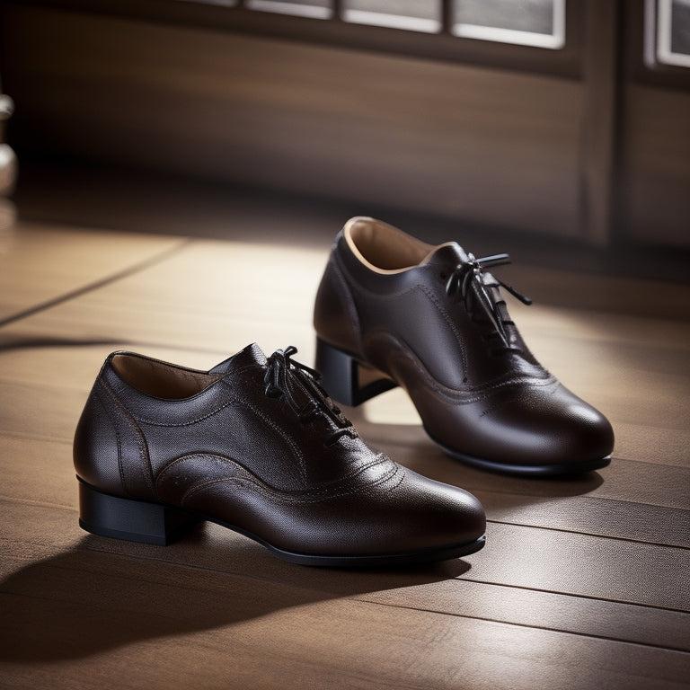 A pair of unisex PU leather tap dance shoes, with silver buckles and low heels, placed on a wooden dance floor, with a few taps and a scattering of dust surrounding them, lit by a single spotlight.