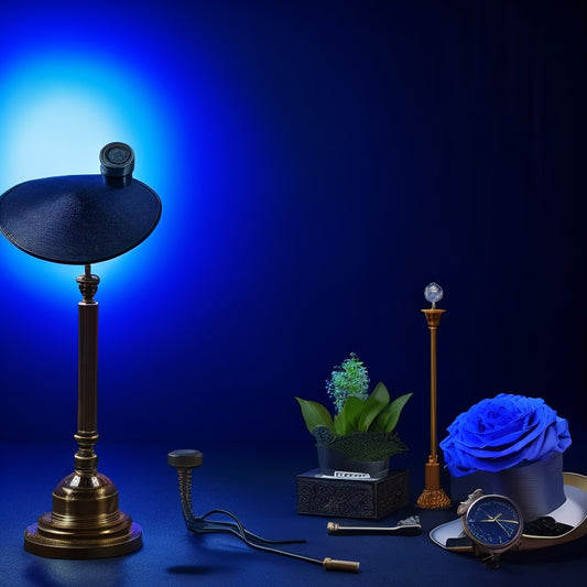 A spotlight shines down on a microphone stand surrounded by props: a top hat, a vintage clock, a bouquet of flowers, and a single, gleaming silver star, against a dark, gradient blue background.