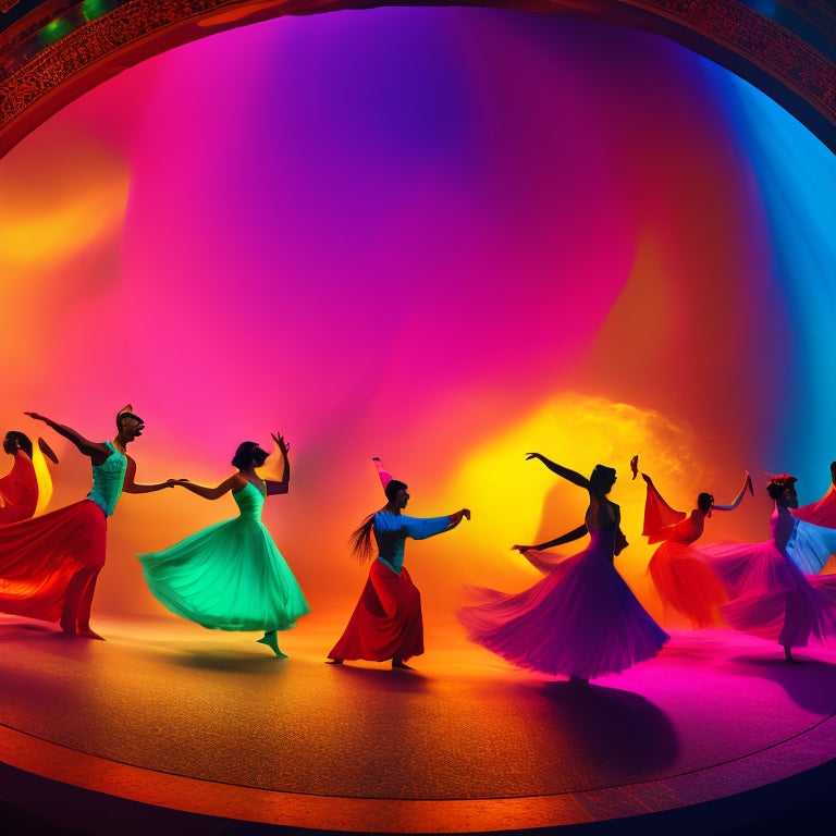 A swirling vortex of colorful silhouettes, transporting viewers through time, showcasing dancers in various eras, from ancient Egypt to modern street dance, surrounded by musical notes and fabric flowing like mist.