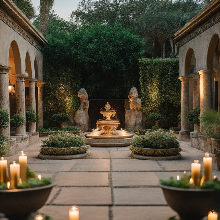 A serene, candlelit courtyard at Saint Augustine Venue, adorned with lush greenery, ivory drapes, and a majestic stone fountain, set against a warm, sunset-lit backdrop with soft, golden lighting.