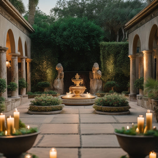 A serene, candlelit courtyard at Saint Augustine Venue, adorned with lush greenery, ivory drapes, and a majestic stone fountain, set against a warm, sunset-lit backdrop with soft, golden lighting.