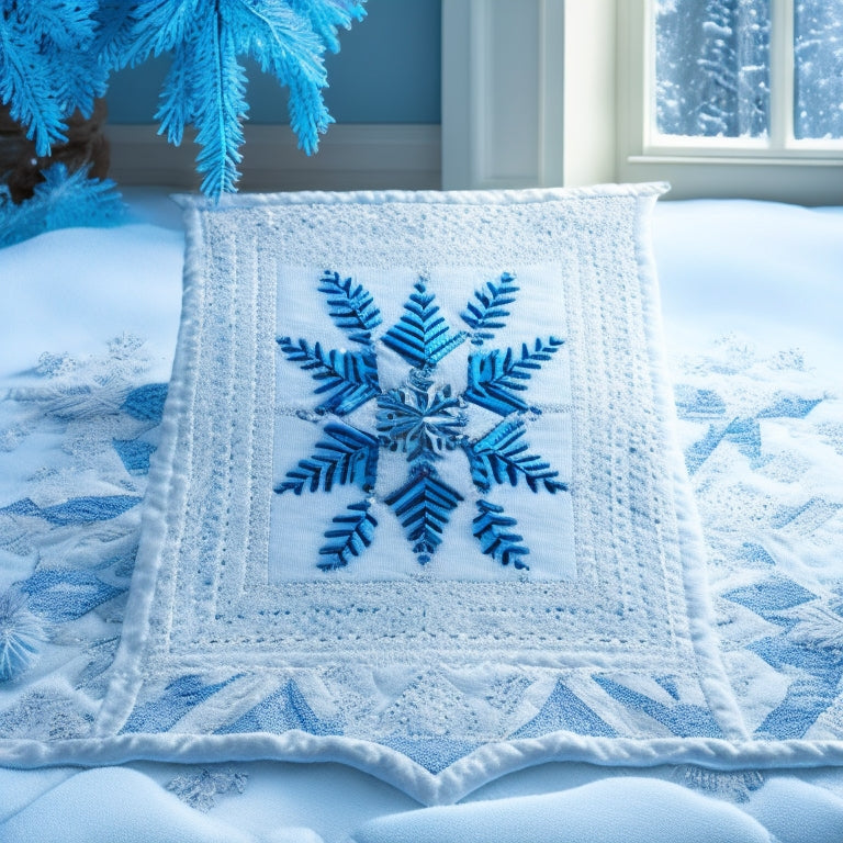 A serene winter scene featuring a beautifully crafted snowflake quilt with intricate patterns and delicate details, surrounded by snowflakes gently falling on a soft, white background.