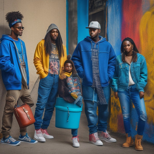 A vibrant urban scene featuring diverse individuals in stylish streetwear: oversized hoodies, graphic tees, baggy jeans, chunky sneakers, and accessories like bucket hats and crossbody bags, set against a colorful graffiti backdrop.