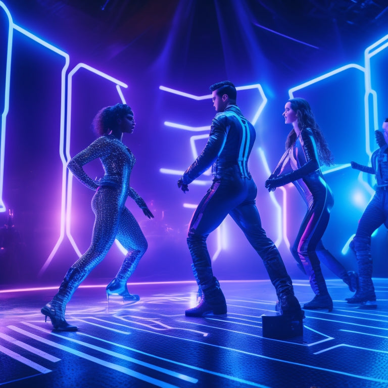 A futuristic, neon-lit dance floor with a young adult in the center, wearing a sleek, high-tech exosuit with glowing blue lines, surrounded by swirling 3D shapes and pulsing lights.