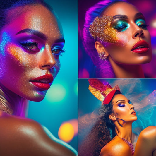 A vibrant dance studio filled with colorful stage lights, showcasing a dancer's face adorned with bold, shimmering eyeshadow, sparkling glitter on cheekbones, and glossy lips, reflecting confidence and artistry in motion.