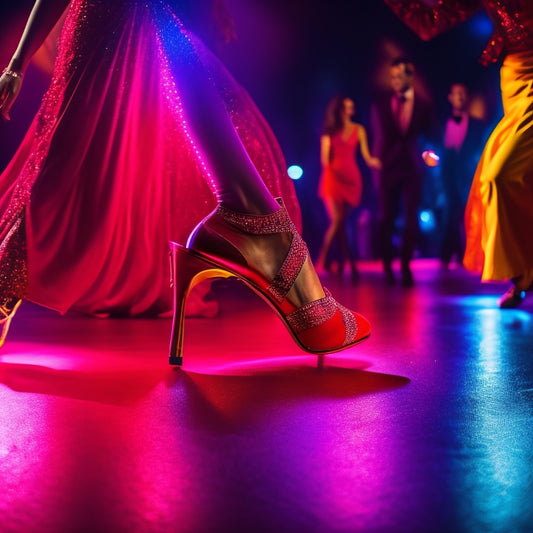 A vibrant salsa dance floor illuminated by colorful lights, featuring a pair of sleek, glossy red dance shoes with intricate straps, surrounded by motion-blurred dancers in flowing dresses and tailored suits, capturing the energy of salsa.