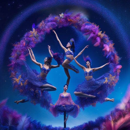 A colorful, whimsical illustration of multiple pole dancers in various dynamic poses, surrounded by swirling patterns, feathers, and flowers, set against a dark blue or purple background with twinkling stars.