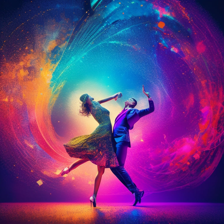 A vibrant, abstract illustration featuring interconnected dance silhouettes in various styles, surrounded by swirling patterns of music notes, sparks, and creative bursts of light.