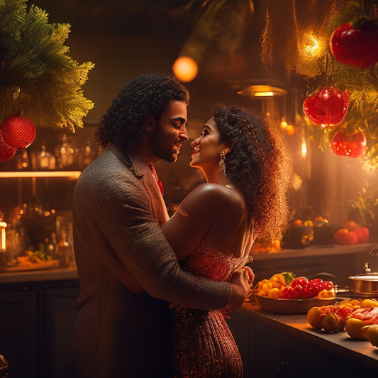 A warm, golden-lit scene: a couple, mid-twenties, embracing on a dimly lit dance floor, surrounded by swirling lights, with a blurred DJ in the background, transitioning into a bustling kitchen with vibrant fruits and vegetables.