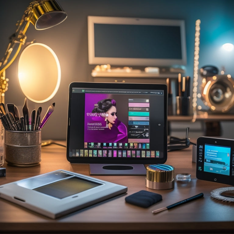 A close-up of a dance makeup artist's workstation: a clutter-free vanity with a ring light, a tablet with a split-screen display of a dance performance and a makeup design app, surrounded by makeup brushes and products.