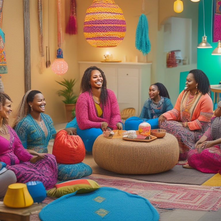 A colorful illustration of a vibrant, eclectic workshop space filled with pillows, rugs, and lanterns, where 5-7 women of diverse ages and ethnicities gather, laughing and dancing together.