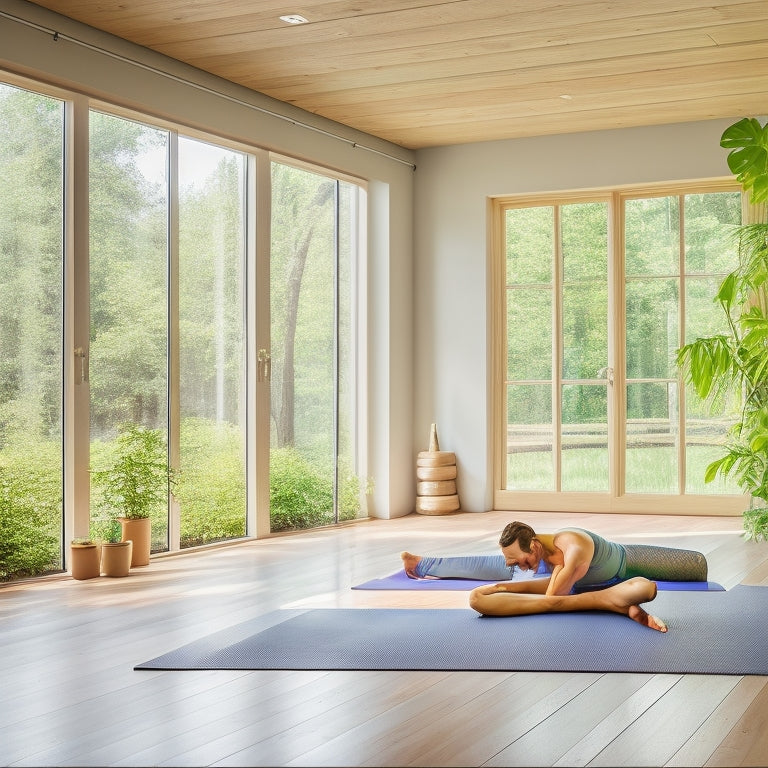 A serene yoga studio with soft natural light filtering through large windows, showcasing a variety of colorful, stylish yoga pants draped elegantly on a wooden bench, surrounded by mats and peaceful greenery.