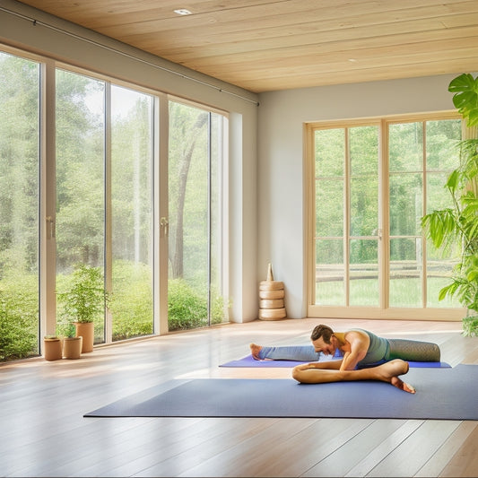 A serene yoga studio with soft natural light filtering through large windows, showcasing a variety of colorful, stylish yoga pants draped elegantly on a wooden bench, surrounded by mats and peaceful greenery.