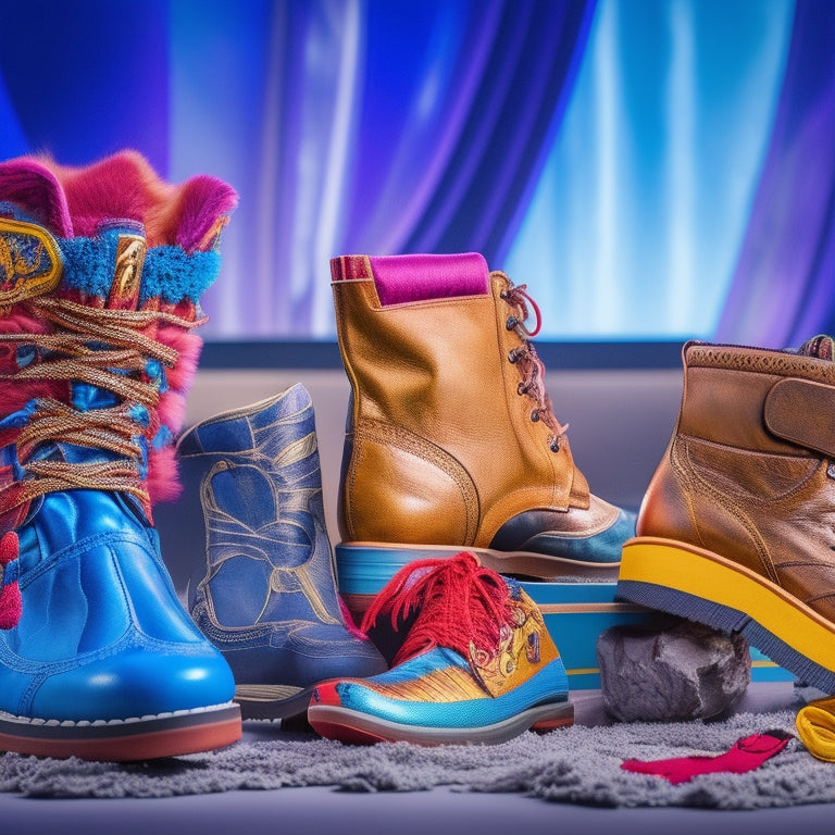 A vibrant display of various cosplay footwear, showcasing intricately designed boots, sneakers, and sandals inspired by different fandoms, all arranged on a colorful backdrop adorned with iconic symbols and textures from popular cultures.