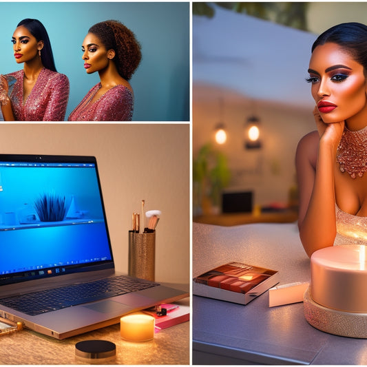 A split-screen image featuring a beautifully lit, organized makeup station on one side, with a laptop and notepad nearby, and a diverse group of confident, professionally-made-up models on the other side, with subtle, glowing light effects.