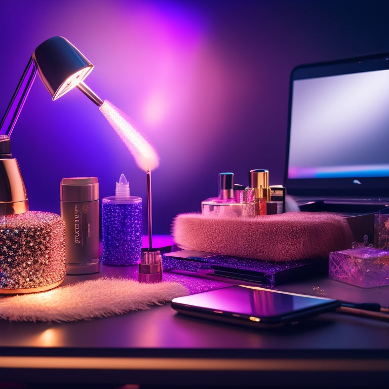 A glamorous, spotlight-lit makeup station with a vanity mirror, brushes, and colorful cosmetics, surrounded by a laptop, smartphone, and camera, amidst a subtle, shimmering confetti background.