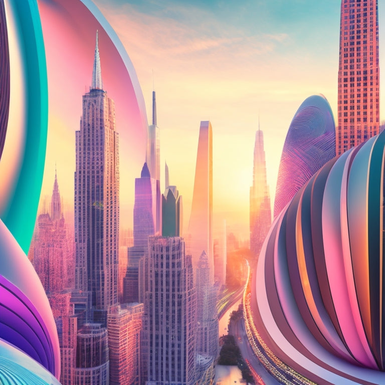 A vibrant, abstract background with swirling shapes in pastel hues, overlaid with a stylized, modern cityscape at sunset, featuring sleek skyscrapers and bustling streets.