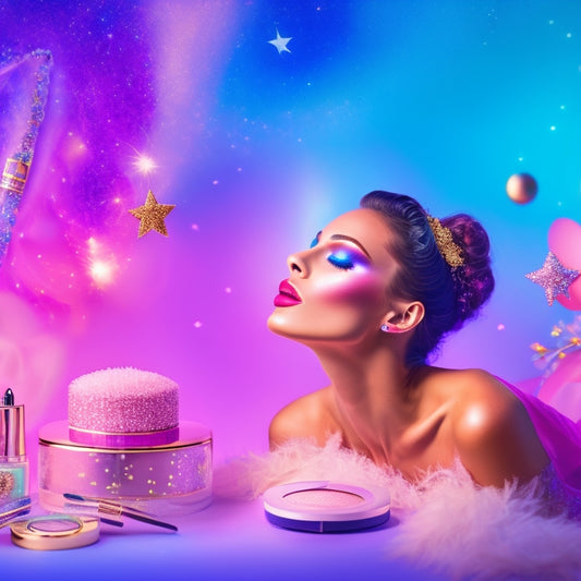 A whimsical, dreamy background with pastel colors and glittering stars, featuring a beautiful, expressive dancer in the center, surrounded by various makeup products and brushes, with a faint, shimmering aura.