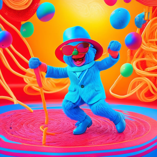 A vibrant illustration of a dancing spaghetti character wearing a fedora and sunglasses, surrounded by swirling patterns of tomato sauce and swinging pasta shapes, set against a bright, electric blue background.