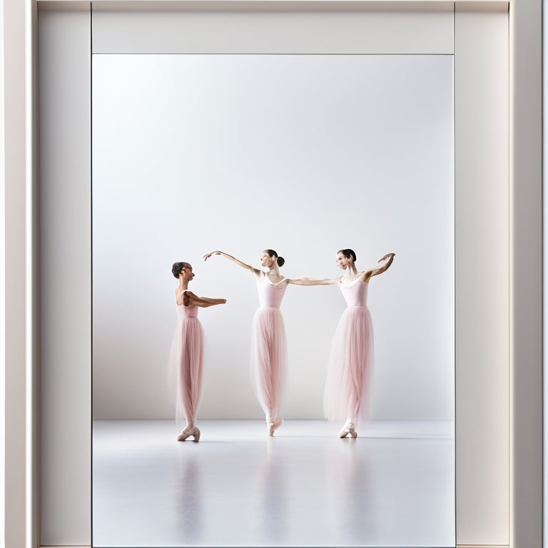 A minimalist white background with three framed ballet dancer silhouettes in gentle, flowing poses, set against a subtle gradient of pale pink to soft gray, evoking elegance and serenity.