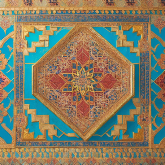 An intricately patterned, vibrant mosaic of interlocking geometric shapes, floral motifs, and Arabic calligraphy, set against a warm, golden background, evoking the opulence of ancient Middle Eastern architecture.