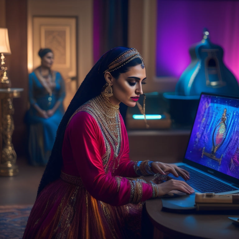 A warm, dimly lit room with a large, ornate mirror reflecting a woman in a flowing, colorful outfit, dancing in front of a laptop with a cityscape background, surrounded by Middle Eastern instruments.