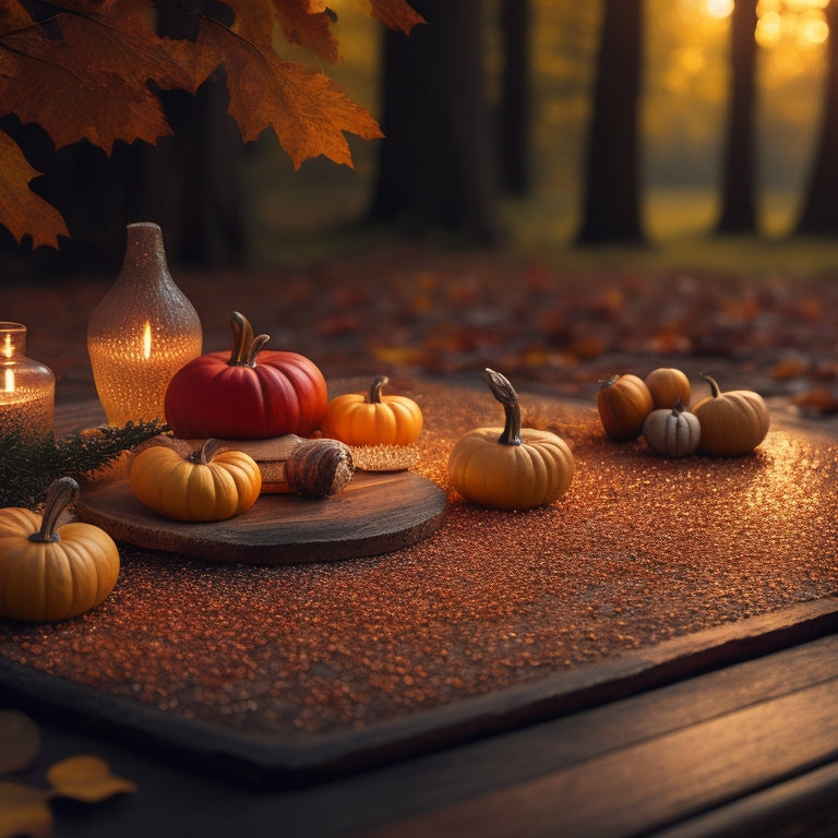 A warm, golden light illuminates a whimsical autumn scene: a delicate, hand-painted wooden dance floor surrounded by vibrant fall leaves, acorns, and twinkling candles.