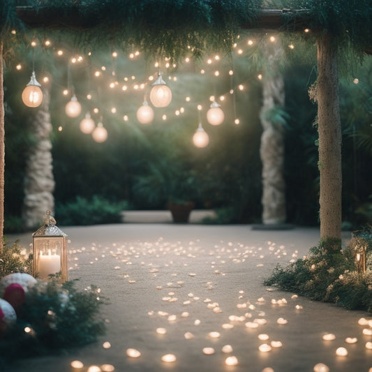 A whimsical, moonlit dance floor with twinkling fairy lights and delicate flower petals scattered around the edges, surrounded by a lush greenery backdrop with hanging lanterns in soft pastel hues.