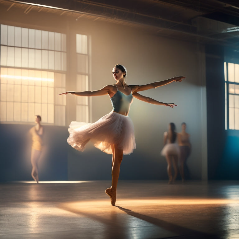 A dramatic, spotlight-lit dance studio with a lone dancer in mid-motion, one leg extended, arm outstretched, and a blurred background conveying dynamic movement.